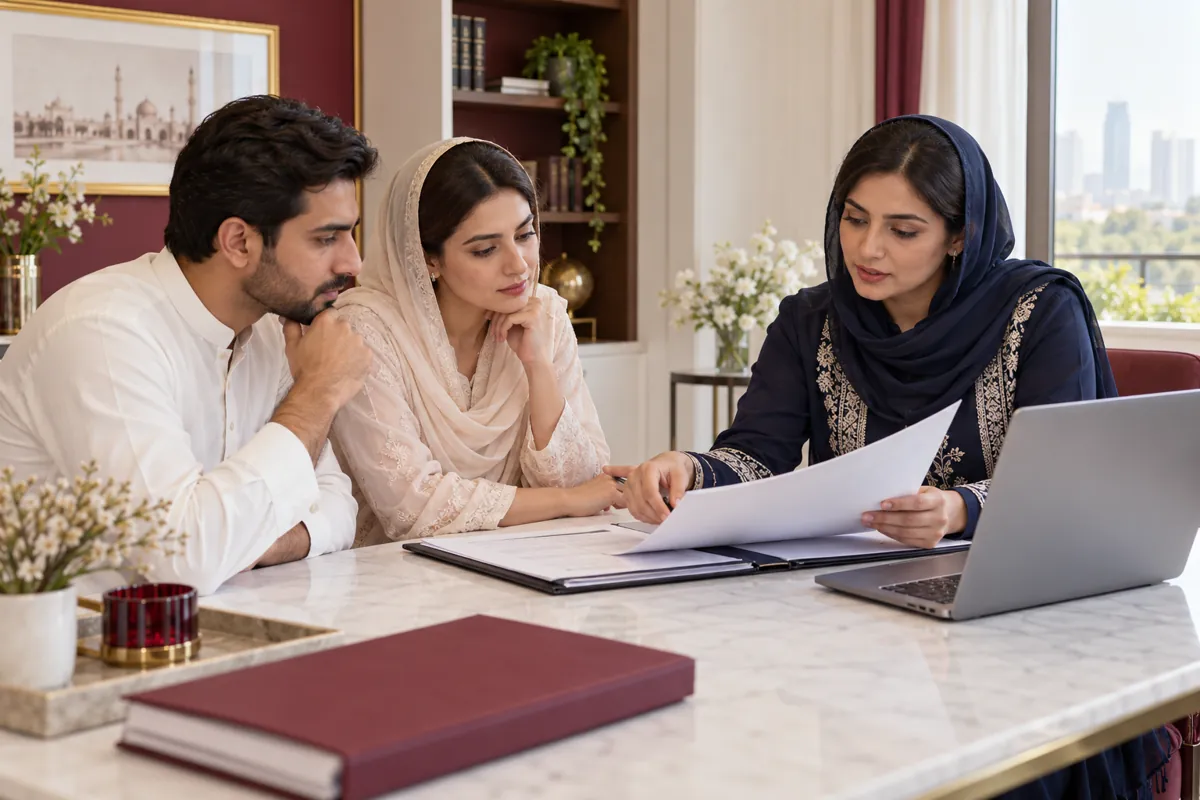 Illustrative adviser discussing marriage documents with an adult couple